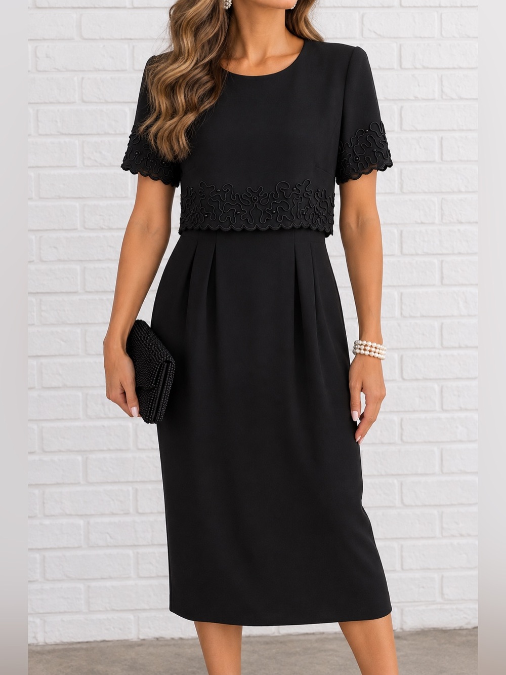 Vintage 90s Donna Morgan Polyester Beaded Soutache Faux 2 Piece Black Dress 10